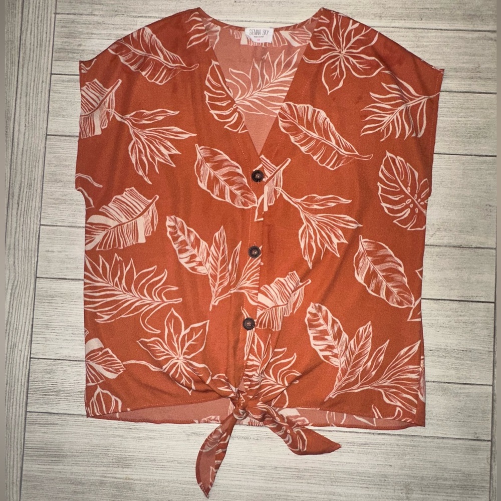 Sienna Sky Orange Leaf Print Button Down Shirt